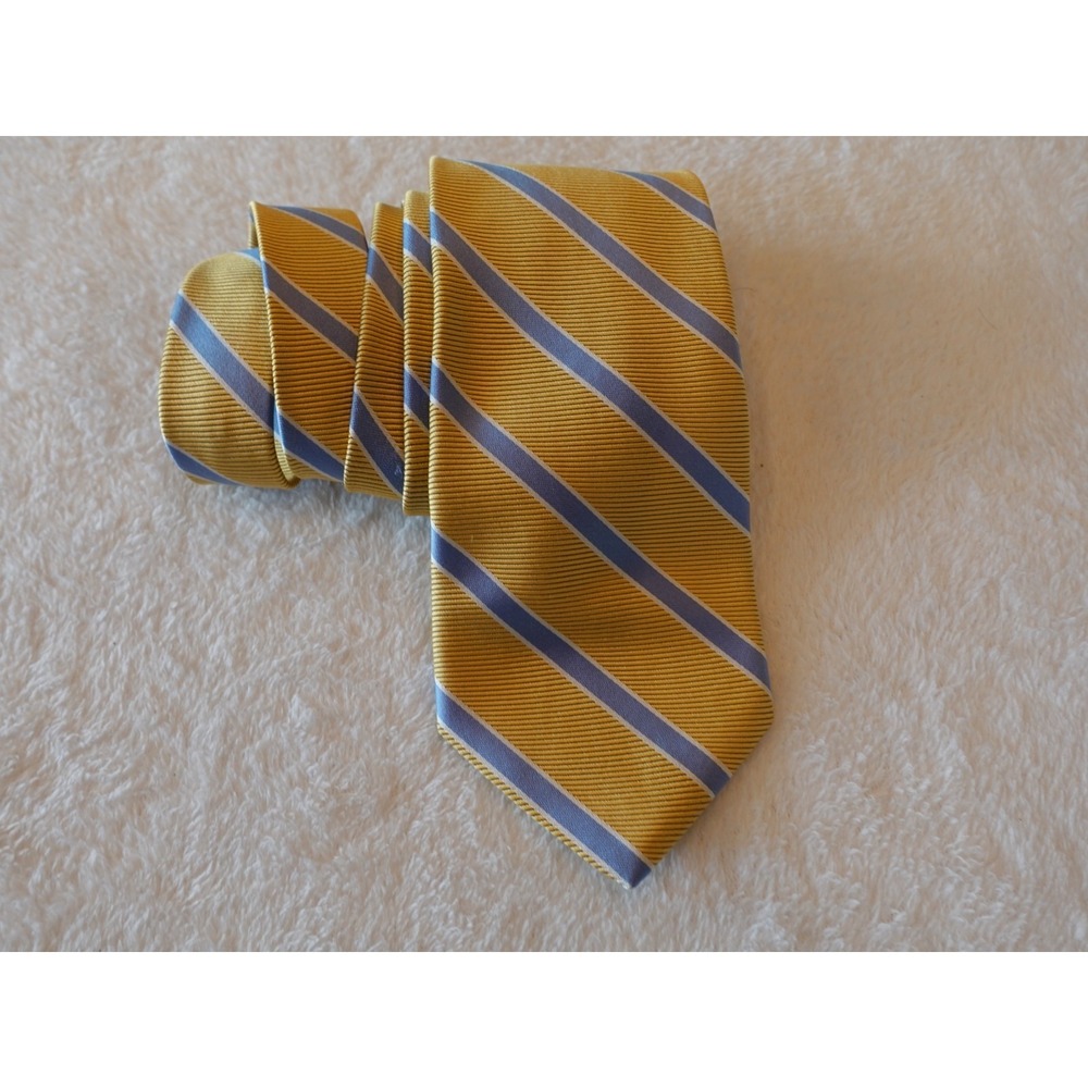 Brooks Brothers Makers 100% Silk Tie Yellow Blue Triple Rep Stripe Repp USA Made